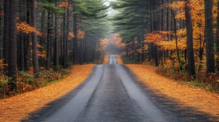 Poster - A Paved Road Through an Autumnal Forest with Fog