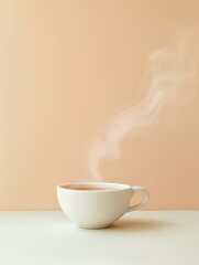 Poster - A delicate cup of hot tea emits softly curling steam, set on a minimalist surface with a warm pastel background, creating a serene atmosphere. Generative AI