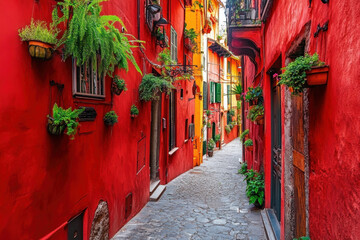 Narrow street in old town of Buranoia, Italy. Cobblestone path lined with colorful buildings and flower boxes under a clear blue sky.