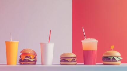 Poster - Brightly colored drinks sit beside tasty burgers on a simple surface, creating a visually appealing and modern dining ambiance. Generative AI