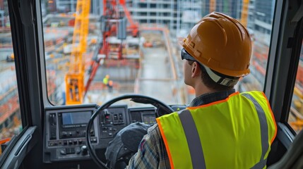 Poster - A crane operator in a safety vest and helmet, sitting in the cab of the crane, with a wide view of the construction site below