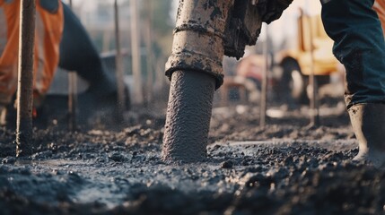 Poster - A detailed close-up of a construction worker operating a concrete pump to pour foundation footings for a residential construction project, Foundation pouring scene, Residential development style