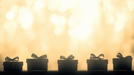 Poster - Five silhouetted gift boxes with bows line up against a soft, light background, adding a cheerful touch to any celebration or gathering. Generative AI