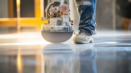 Poster - A detailed close-up of a construction worker using a concrete saw to cut through reinforced concrete walls for renovation of an industrial warehouse, Concrete cutting scene