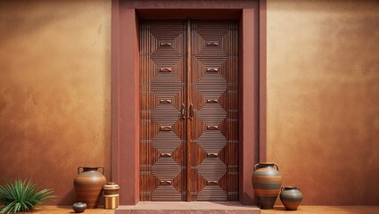 Poster - Ornate Wooden Doorway with Pots