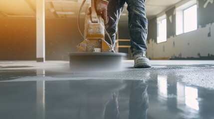 Poster - A detailed close-up of a construction worker using a concrete saw to cut through reinforced concrete walls for renovation of an industrial warehouse, Concrete cutting scene