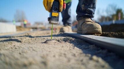 Poster - A detailed close-up of a construction worker using a laser level to align steel beams for a warehouse construction project, Steel beam alignment scene, Industrial construction style