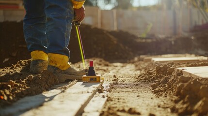 Poster - A detailed close-up of a construction worker using a laser level to align steel beams for a warehouse construction project, Steel beam alignment scene, Industrial construction style