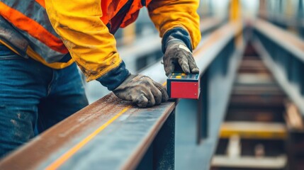 Poster - A detailed close-up of a construction worker using a laser level to measure ground elevation at a building site, Leveling operation scene, Precision engineering style