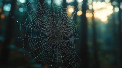 a macro shot of a spider web covered in morning dew, each droplet glistening like tiny beads