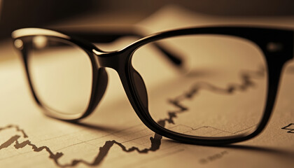 Close-up image of a pair of stylish glasses resting on a financial report with graph lines, symbolizing analysis and clarity in business insights.