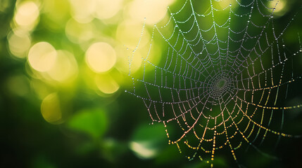 Wall Mural - A macro shot of a spider web covered in morning dew, each droplet glistening like tiny beads
