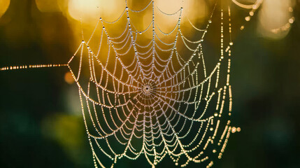 a macro shot of a spider web covered in morning dew, each droplet glistening like tiny beads