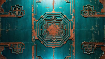 Canvas Print - Antique Teal and Copper Door with Geometric Design