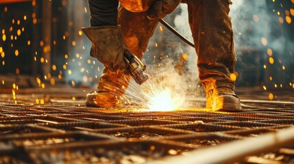 Aufkleber - A detailed close-up of a construction worker welding metal beams at a skyscraper construction site, Welding operation scene, Structural welding style