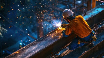 Aufkleber - A detailed close-up of a construction worker welding steel beams at a high-rise construction site, Welding operation scene, Industrial craftsmanship style