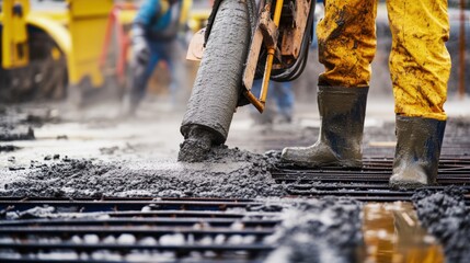 Poster - A detailed close-up of construction workers operating a concrete pump to pour foundation for a stadium seating area, Stadium foundation pouring scene, Sports venue construction style