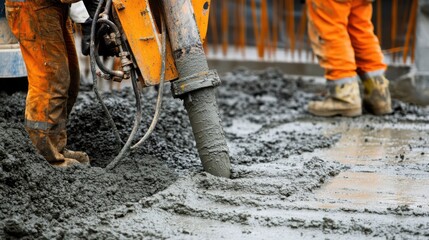 Poster - A detailed close-up of construction workers operating a concrete pump to pour foundation for a stadium seating area, Stadium foundation pouring scene, Sports venue construction style