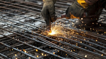 Poster - A detailed close-up of construction workers welding reinforcement bars for a bridge pier under construction, Bridge pier welding scene, Structural engineering style