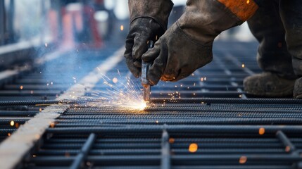 Poster - A detailed close-up of construction workers welding reinforcement bars for a stadium seating structure under construction, Stadium seating welding scene, Sports venue construction style
