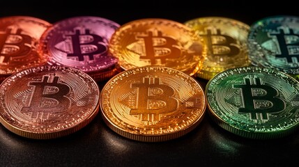 Poster - Shows colorful, metallic coins with the Bitcoin symbol, arranged in a pattern on a dark background, symbolizing cryptocurrency