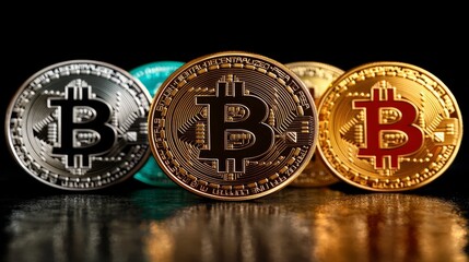 Poster - Shows four Bitcoin coins in various colors—silver, gold, and bronze—arranged in a row on a surface