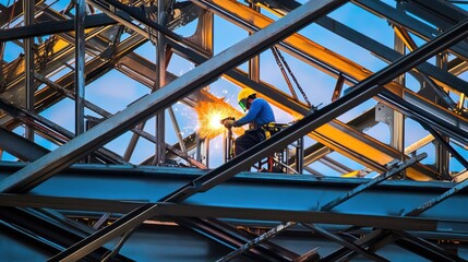 Poster - A detailed close-up of construction workers welding steel beams for a stadium roof under construction, Stadium roof welding scene, Sports venue development style
