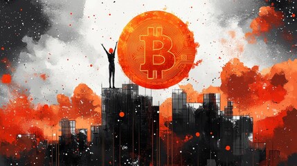 Poster - Silhouette of a person reaching towards a large Bitcoin symbol amid an abstract, colorful background