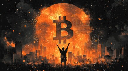 Poster - Silhouette stands with raised arms against a fiery, digital backdrop featuring a prominent Bitcoin symbol over a cityscape