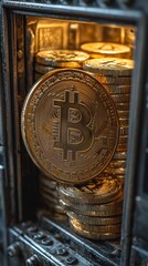 Poster - Stack of gold-colored coins inside a metallic box, prominently featuring the Bitcoin symbol on the coins