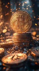 Aufkleber - Stack of golden Bitcoin coins is surrounded by shimmering particles, illuminated by warm light in a mysterious setting