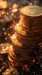 Poster - Stack of shiny, golden coins with a Bitcoin symbol, illuminated against a sparkling, blurred background