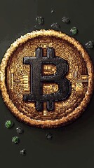 Poster - Stylized digital illustration of a Bitcoin symbol depicted on a textured circular coin with dark background