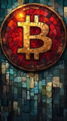 Aufkleber - Stylized Bitcoin symbol with a mosaic background featuring various shades of blue, green, and red
