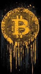 Poster - Stylized Bitcoin logo, in distressed yellow paint, with drips and splatters, on a dark background