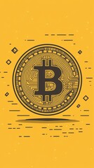 Poster - Stylized Bitcoin symbol in the center, surrounded by abstract patterns, against a yellow background
