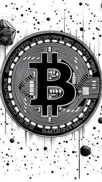 Stylized black-and-white Bitcoin symbol surrounded by digital circuit patterns, with geometric shapes and dots