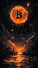 Aufkleber - This image depicts a futuristic cityscape under a starry sky, dominated by a glowing Bitcoin symbol, resembling a celestial body