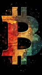 Aufkleber - Textured, multicolored Bitcoin logo with vibrant shades against a dark background, accented by scattered paint splatters