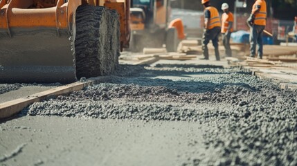 Poster - A detailed image of a concrete pouring operation at a highway construction site with workers and heavy equipment, Highway construction scene, Infrastructure focus style
