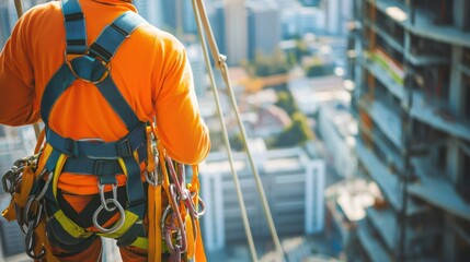 Poster - A detailed image of a construction supervisor inspecting safety harnesses on workers preparing to work at height on a skyscraper, Safety inspection scene, Height safety style