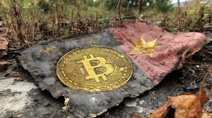 Poster - Weathered flag featuring a Bitcoin symbol and a star lying in a natural outdoor setting