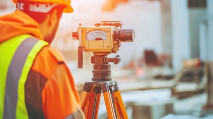 Poster - A detailed image of a surveyor using a theodolite to measure angles and levels at a construction site, Surveying scene, Precision engineering style