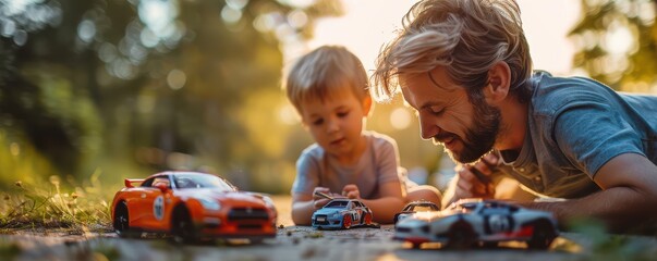 Elderly man and young boy lying on a park path, engaging with colorful toy cars, symbolizing bonding across generations. Free copy space for text.