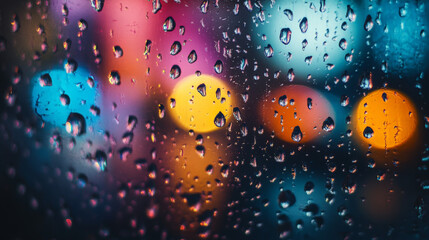 Wall Mural - water droplets on glass, with colorful light refractions and soft focus in the background