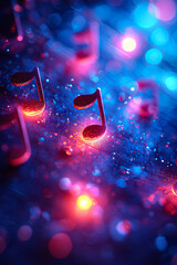 A colorful image of three musical notes with a background of bright lights