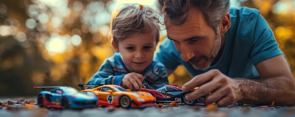 Elderly man and young boy lying on a park path, engaging with colorful toy cars, symbolizing bonding across generations. Free copy space for text.