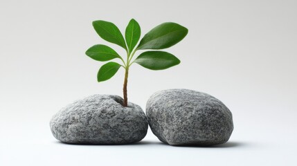 A Small Green Plant Sprouting Up Between Two Gray Rocks