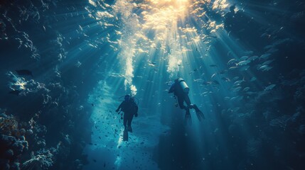 Two scuba divers swim underwater in ocean space . Two divers exploring