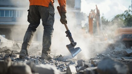 Poster - A detailed shot of a construction worker using a jackhammer to break concrete at a demolition site, Demolition work scene, Controlled chaos style